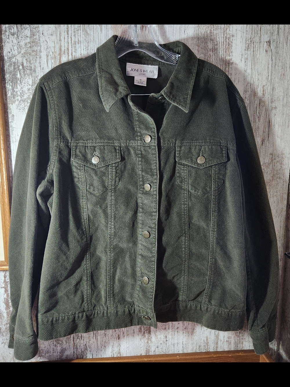 Jones Wear Dark Army Olive Green Denim-Style Button Jacket Size 16